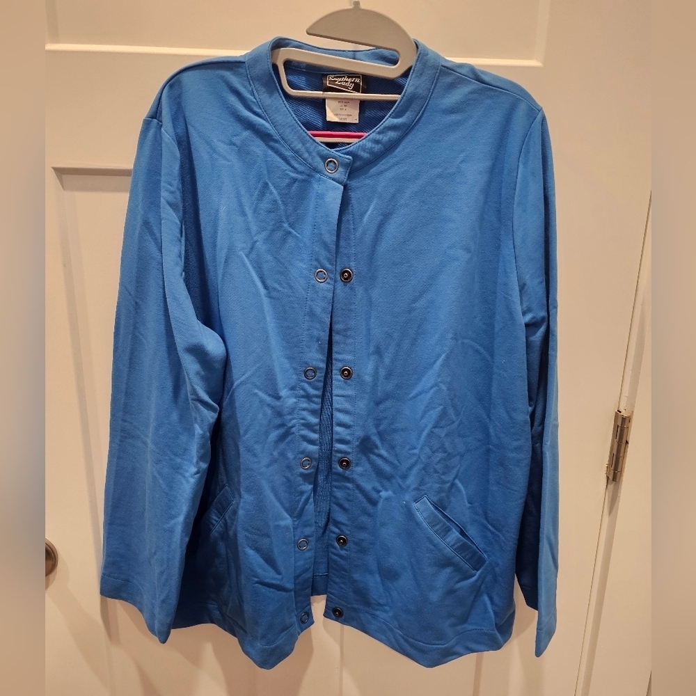 Southern Lady 1X Blue Snap Front Knit Jacket LongSleeve Lightweight Cardigan Top